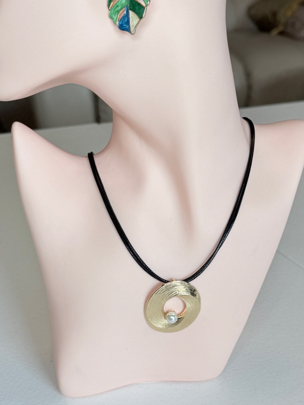 Gold Circular Pendant Necklace with Pearl on Black Cord - Picture 6 of 10